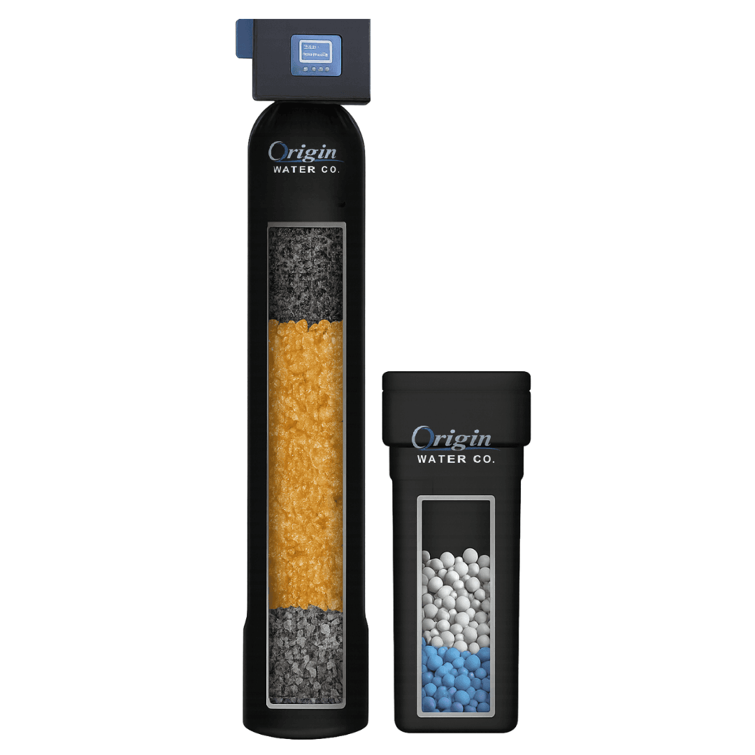Origin Water Co. single-tank whole-home softener and carbon filter, with its brine tank alongside